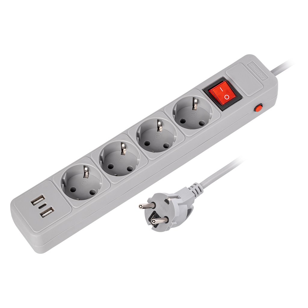 Сетевой фильтр SMARTBUY c USB+Type C, 16А, 4 гнезда, c з/ш, с з/к, ПВС 3x1.0, 1.8 м, серый (SBSP-18C-G) (1/40)