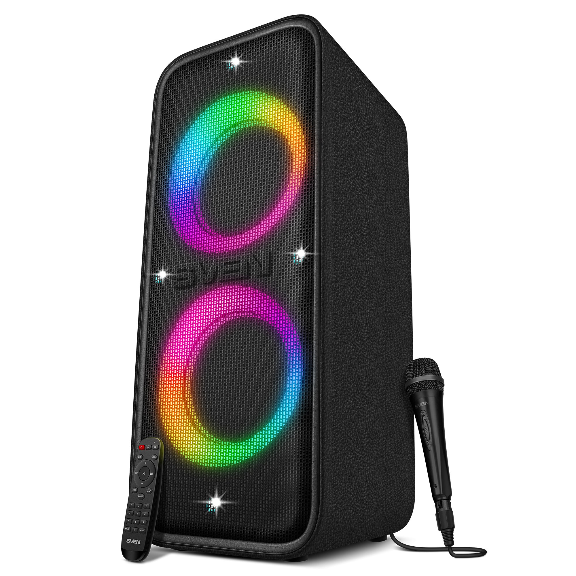 Портативная акустика SVEN PS-1650, черная кожа (650 Вт, TWS, Bluetooth, FM, USB, LED-дисплей, 9000мА*ч)