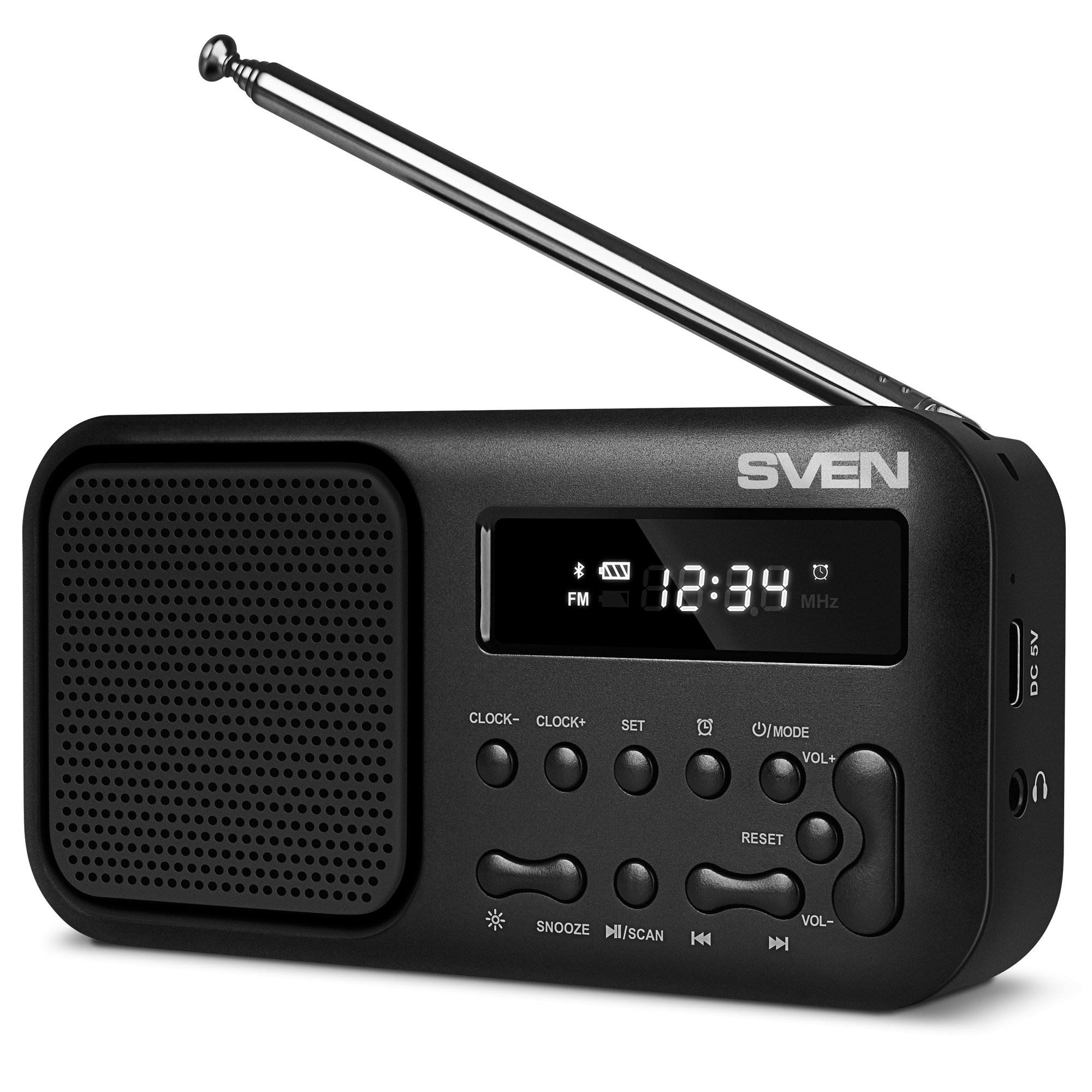 Радиоприемник SVEN SRP-50, черный (3 Вт, Bluetooth, FM, USB-C, 3.5мм jack, ,будильник, встроенный аккумулятор)