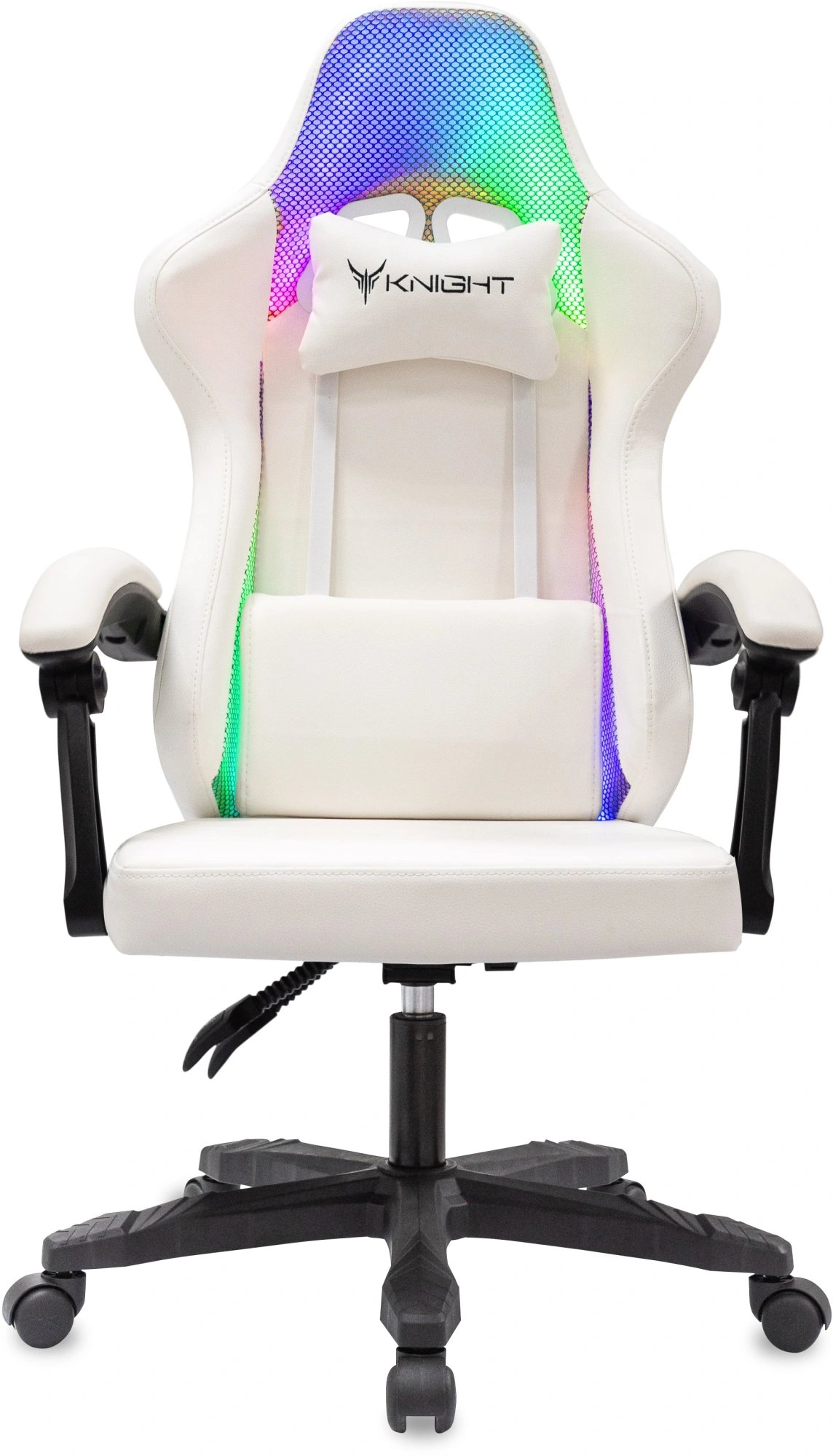 Кресло игровое Knight Wolf RGB белый экокожа/сетка с подголов. крестов. пластик