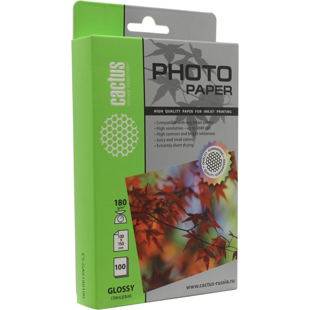 Фотобумага Cactus CS-GA6180100 10x15/180г/м2/100л/белый глянцевое для струйной печати