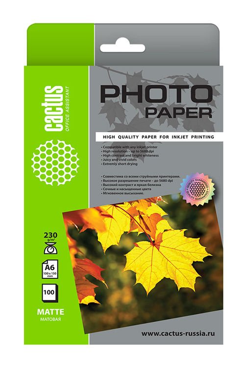 Фотобумага Cactus CS-MA6230100 10x15/230г/м2/100л/белый матовое для струйной печати