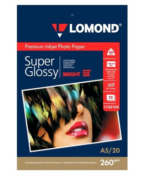 Фотобумага Lomond 1103104 A5/260г/м2/20л./белый высокоглянцевое для струйной печати