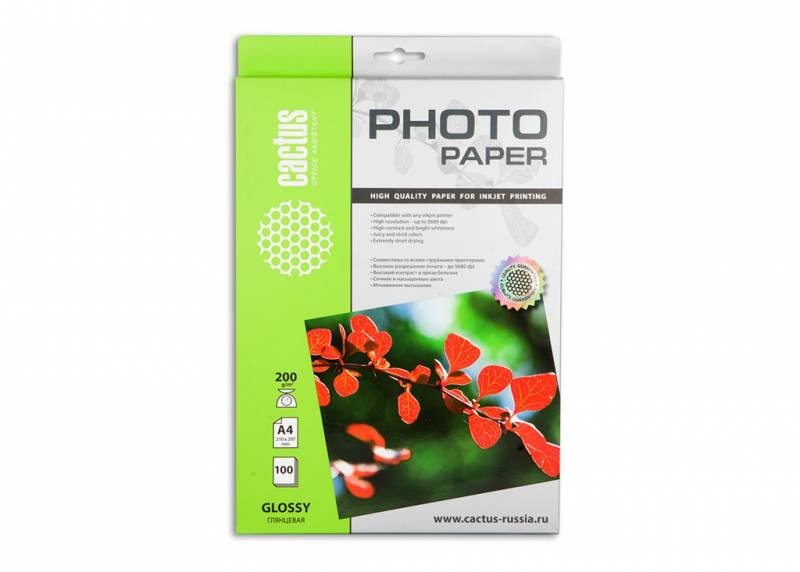 Фотобумага Cactus CS-GA4200100 A4/200г/м2/100л/белый глянцевое для струйной печати