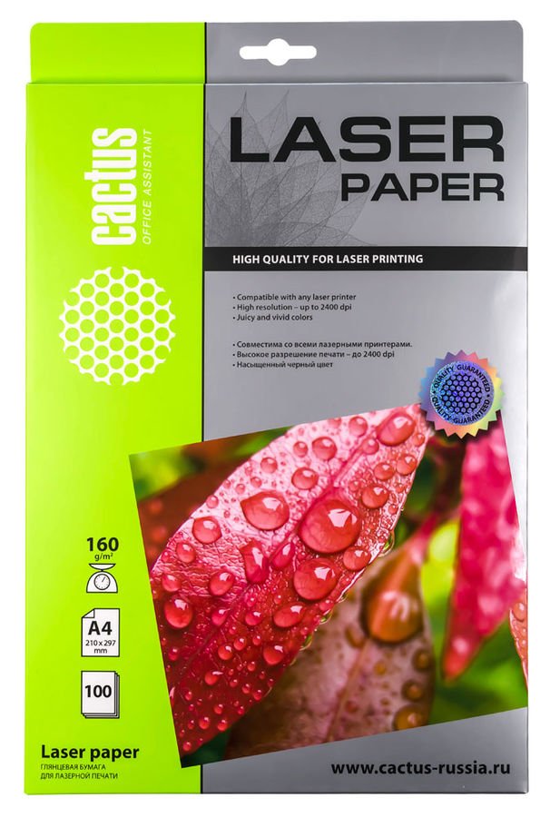 Фотобумага Cactus CS-LPA4160100 A4/160г/м2/100л/белый глянцевое для лазерной печати