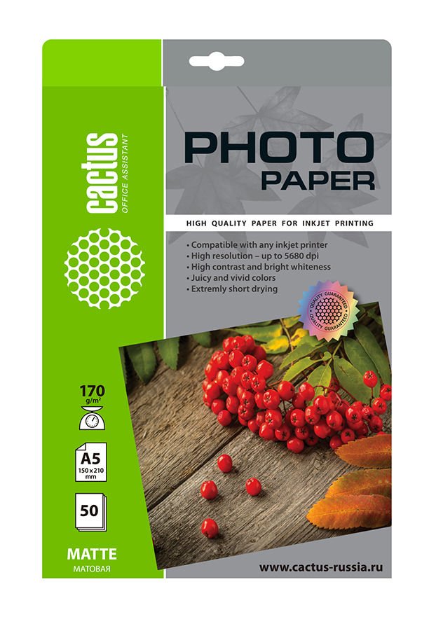Фотобумага Cactus CS-MA517050 A5/170г/м2/50л/белый матовое для струйной печати