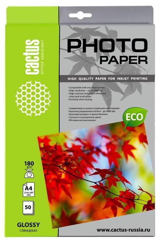 Фотобумага Cactus CS-GA418050 A4/180г/м2/50л/белый глянцевое для струйной печати