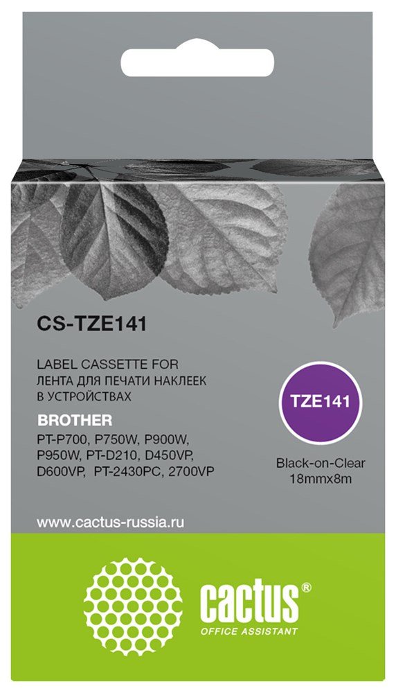 Картридж Cactus TZe-141 (CS-TZE141) черный ленточный для Brother PT-P700, P750W, P900W, P950W, PT-D210, D450VP, D600VP, PT-2430PC, 2700VP