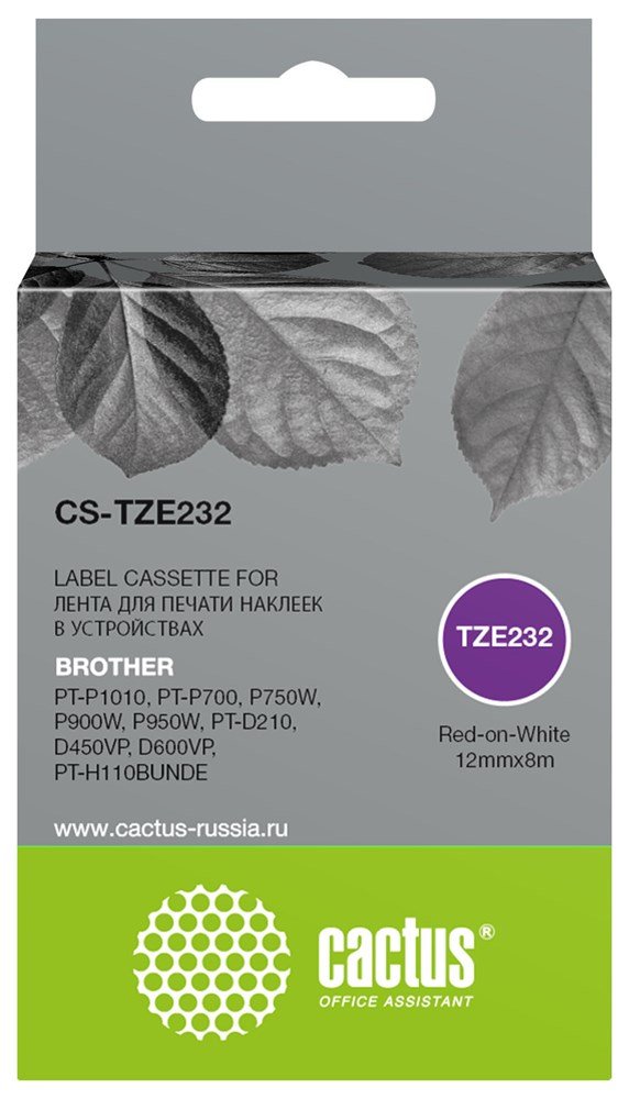 Картридж Cactus TZe-232 (CS-TZE232) черный ленточный для Brother PT-P1010, PT-P700, P750W, P900W, P950W, PT-D210, D450VP, D600VP, PT-H110BUNDE