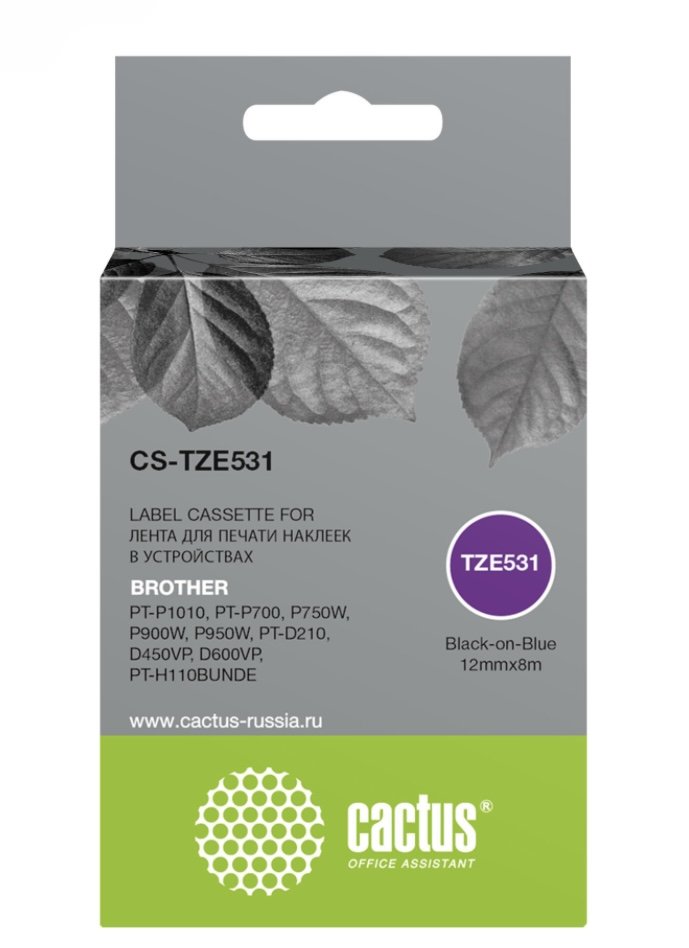 Картридж Cactus TZe-531 (CS-TZE531) черный ленточный для Brother PT-P1010, PT-P700, P750W, P900W, P950W, PT-D210, D450VP, D600VP, PT-H110BUNDE