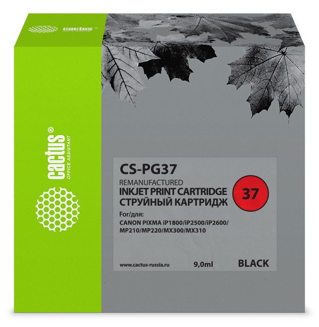 Картридж Cactus PG-37 (CS-PG37) струйный черный (9мл) для Canon Pixma iP1800/iP1900/iP2500/iP2600/MP140/MP190/MP210/MP220/MP470/MX300/MX310