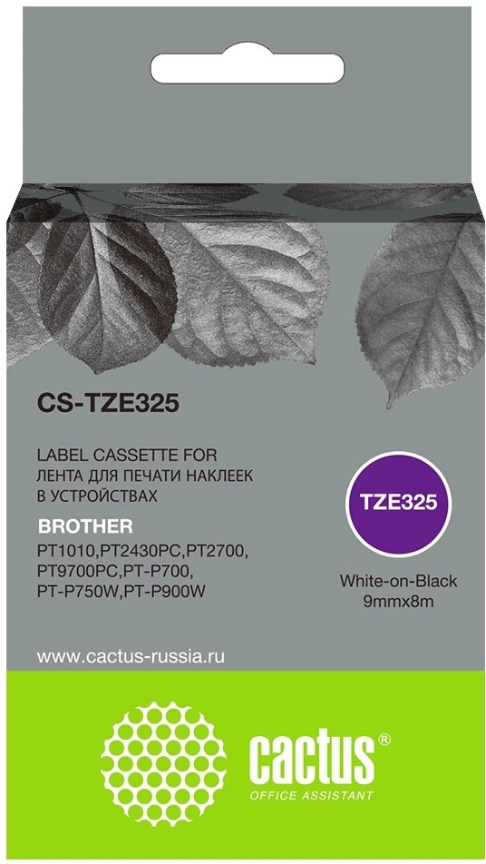 Картридж ленточный Cactus CS-TZE325 TZE-325 белый на черном 9x8 для Brother 1010/1280/1280VP/2700VP