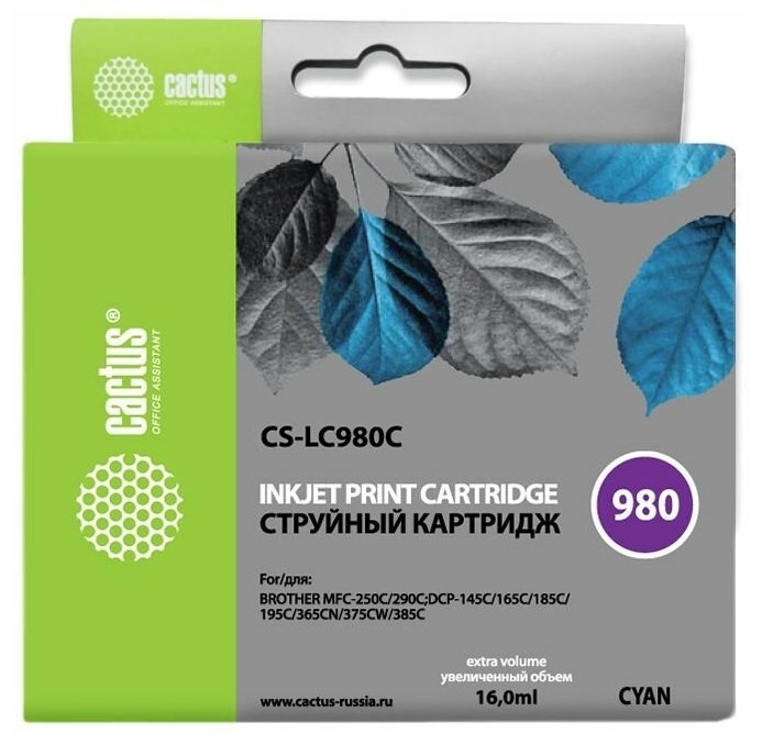 Картридж струйный Cactus CS-LC980C голубой для Brother DCP-145C/165C MFC-250C/290C (16ml)