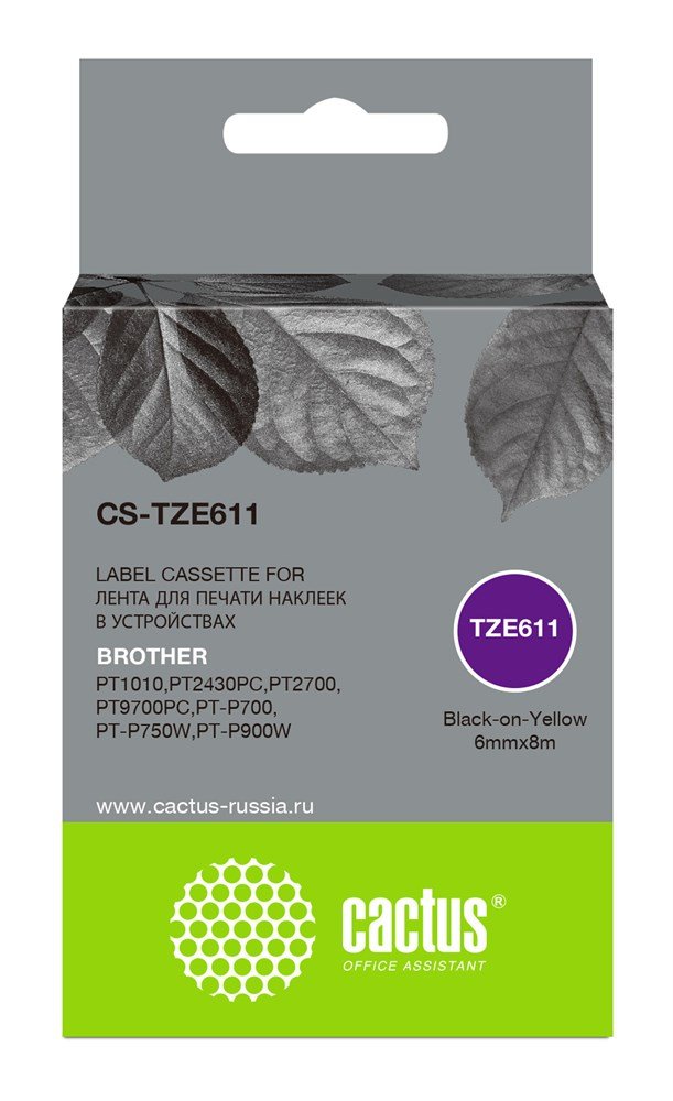 Картридж Cactus TZe-611 (CS-TZE611) ленточный черный для Brother 1010/1280/1280VP/2700VP