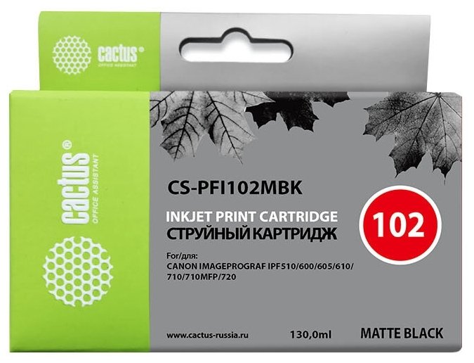 Картридж струйный Cactus CS-PFI102MBK черный матовый (130мл) для Canon iPF500/iPF600/iPF700/ MFP M40/iPF765/LP17/LP24