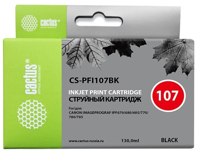 Картридж струйный Cactus CS-PFI107BK черный (130мл) для Canon IP iPF670/iPF680/iPF685/iPF770/iPF780/iPF785/