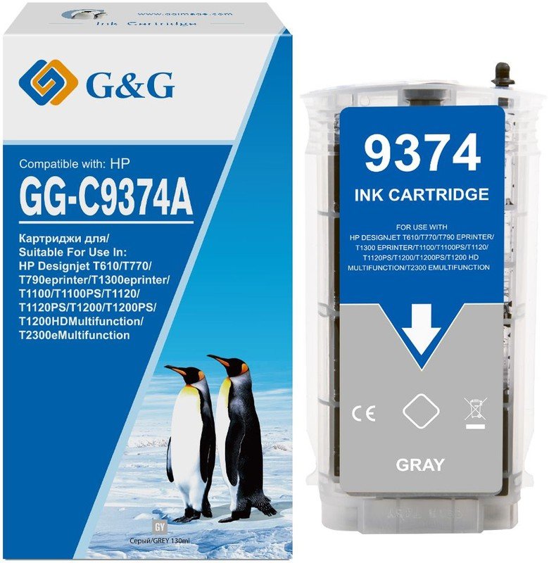 Картридж струйный G&G GG-C9374A серый (130мл) для HP HP Designjet T610, T770, T790eprinter, T1300eprinter, T1100, T1100PS, T1120, T1120PS, T1200