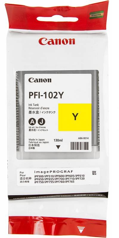 Картридж PFI-102Y Yellow для Canon imagePROGRAF iPF510, iPF605, iPF610, iPF650, iPF655, iPF710, iPF750, iPF755 130мл (0898B001)