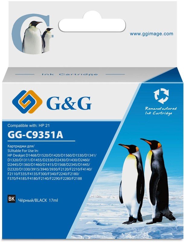 Картридж струйный G&G GG-C9351A № 21 черный (17мл) для HP DJ 3920/3940/D1360/D1460/D1470/D1560/D2330/D2360/D2430/D2460/F370/F375/F380/F2180/F2187/F222
