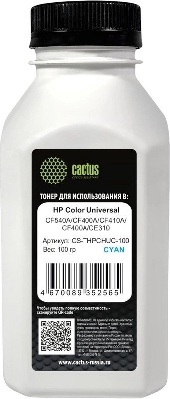 Тонер Cactus CS-THPCHUС-100 голубой флакон 100гр для принтера HP Color Universal CF540A/CF400A/CF410A/CF400A/CE310