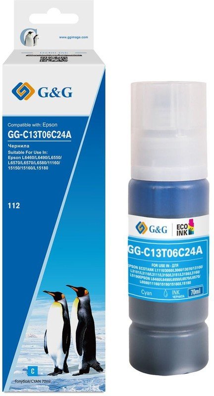Чернила G&G GG-C13T06C24A №112, 70мл ля Epson голубой пигментный