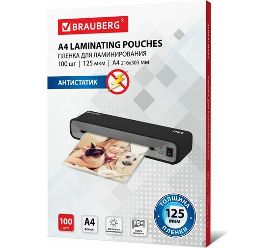 Пленки-заготовки для ламинирования BRAUBERG 531794 антистатик, А4 125мкм 100шт