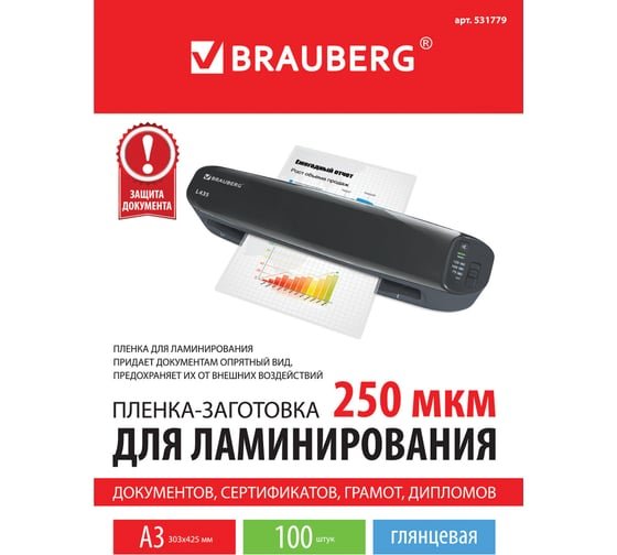 Пленки-заготовки для ламинирования BRAUBERG 531779 А3 250мкм 100шт