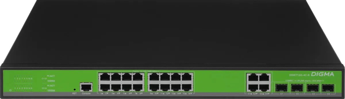 Коммутатор управляемый Digma DSW716G-4C-R (L2+) 16x1Гбит/с 4xКомбо(1000BASE-T/SFP)