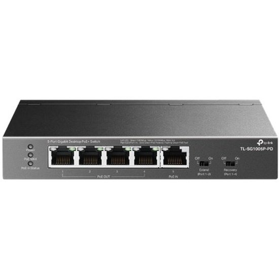 Настольный коммутатор TP-Link TL-SG1005P-PD, с 5 гиг. портами (1 порт с входящим PoE++, 4 порта с исходящим PoE+), бюджет PoE: 9, 21, 47 или 66Вт
