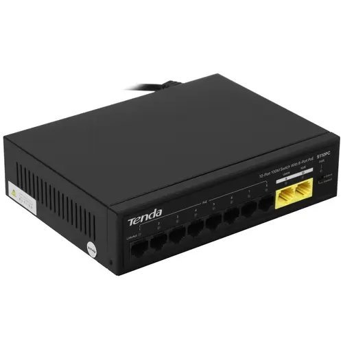 Коммутатор неуправляемый PoE Tenda S110PC 10 портов, 10x100Мбит/с, PoE 8х до 30Вт, настольный