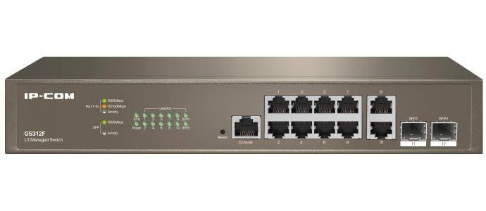 Коммутатор управляемый L3 IP-COM G5312F 12 портов, 10х1 Гбит/с, Base-X SFP 2х1 Гбит/с, настольный