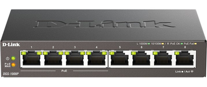 Неуправляемый коммутатор D-Link DGS-1008P/F3A с 8 портами 10/100/1000Base-T (4 порта PoE 802.3af/at, PoE-бюджет 60Вт)