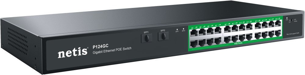 Коммутатор неуправляемый Netis P124GC PoE+, 26 портов, 24x1Гбит/с, PoE+ 24х30Вт (до 360Вт), Uplink SFP 2x1Гбит/с