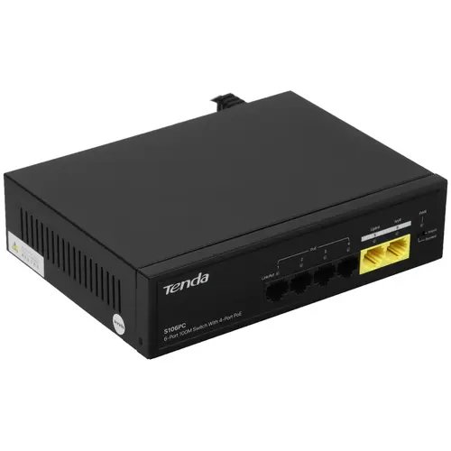 Коммутатор неуправляемый PoE Tenda S106PC 6 портов, 5x100Мбит/с, PoE 4х до 30Вт, настольный