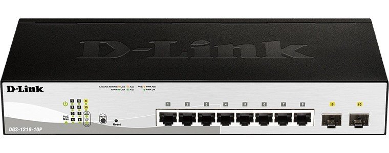 Управляемый L2 коммутатор D-Link DGS-1210-10P/FL2A с 8 портами 10/100/1000Base-T и 2 портами 1000Base-X SFP (8 портов PoE 802.3af/at, PoE бюджет 65Вт)