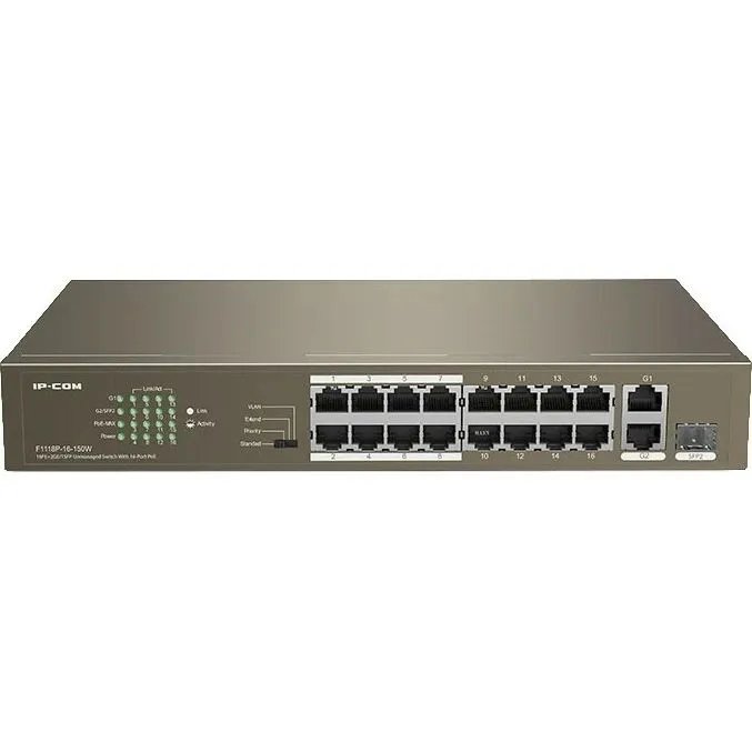 Коммутатор PoE неуправляемый IP-COM F1118P-16-150W 18-Ports 10/100 Mbps Base-TX + 1-Port 1000 Base-X SFP, 16-Ports PoE