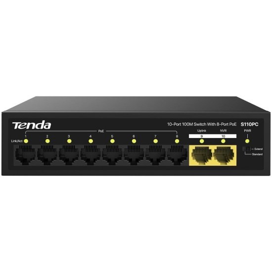 Коммутатор неуправляемый Tenda S110GPC PoE, 10 портов, 8x100Мбит/с, 2х1Гбит/с, PoE 8х30Вт (до 80Вт) настольный