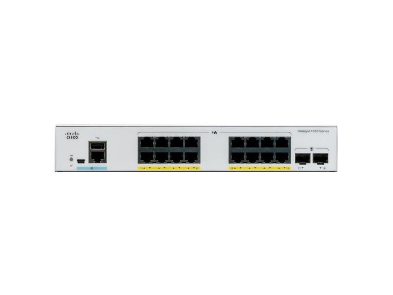 Коммутатор CISCO Catalyst 1300 (C1000-16P-2G-L) 16x 10/100/1000 RJ-45 PoE+, 2x 1Gb SFP uplinks, PoE+ 120W, Fanless,