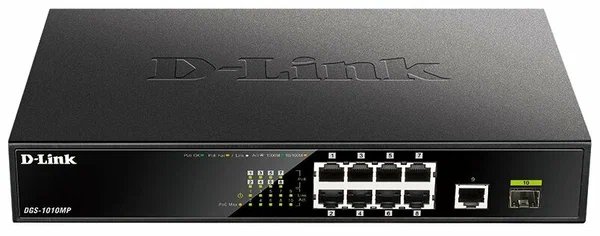Коммутатор неуправляемый D-Link DGS-1010P/B1A 8x1Гбит/с 2SFP 8PoE 8PoE+ 125W