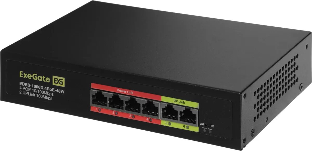 Коммутатор неуправляемый Exegate EDES-1006D.4PoE-48W (EX299020RUS) L2 6x100Мбит/с 4PoE 48W