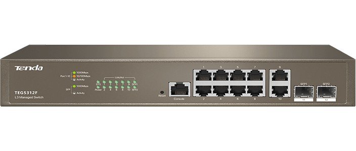 Коммутатор управляемый L3 Tenda TEG5312F 12 портов, 10х1Гбит/с, Base-X SFP 2х1Гбит/с, настольный