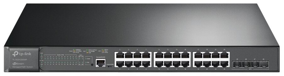 TP-LINK TL-SG3428XMP JetStream 24‑портовый гигабитный управляемый PoE+ коммутатор уровня 2+ с 4 SFP+ слотами 10GE