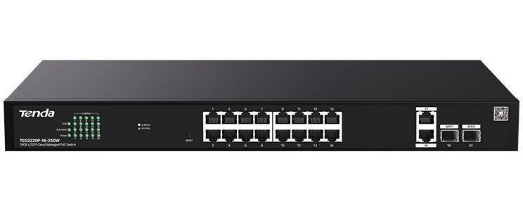 Коммутатор управляемый PoE Tenda TEG2220P-16-250W 18 портов, 18x1Гбит/с, SFP 2x1Гбит/с, PoE 16x30Вт (до 230Вт)