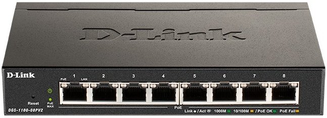 Настраиваемый L2 коммутатор D-Link DGS-1100-08PV2/A4A с 8 портами 10/100/1000Base-T (8 портов PoE 802.3af/at, PoE-бюджет 64Вт