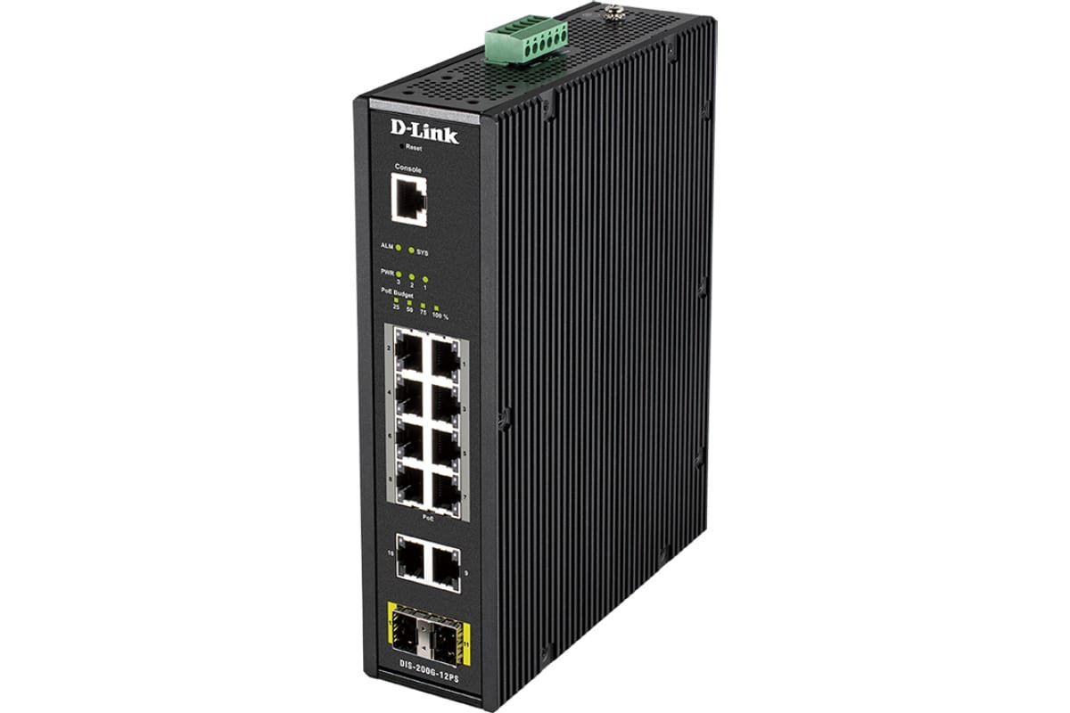 Коммутатор D-LINK DIS-200G-12PS/A2A промышленный управляемый L2 с 10 портами 10/100/1000Base-T и 2 портами 1000Base-X SFP (8 портов PoE 802