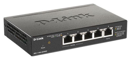 Коммутатор D-Link DGS-1100-05PDV2/A1A, with 4 ports 10/100/1000Base-T and 1 port 10/100/1000Base-T PD (2 PoE ports 802.3af (15,4 W)