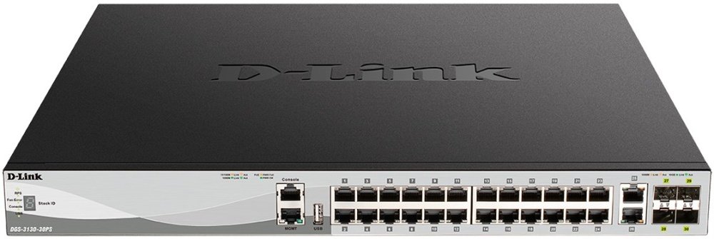 Коммутатор D-Link DGS-3130-30PS/B2A управляемый L3 стекируемый с 24 портами 10/100/1000Base-T, 2 портами 10GBase-T и 4 портами 10GBase-X SF