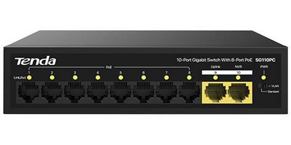 Коммутатор неуправляемый PoE Tenda SG110PC 10 портов, 10x1Гбит/с, PoE 8х30Вт, 2хUplink, настольный