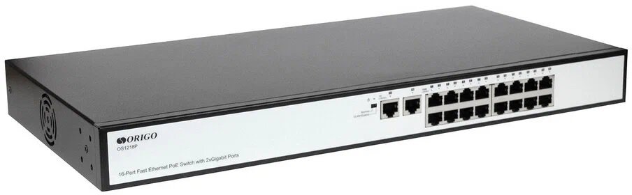 Коммутатор ORIGO (OS1218P/190W/A1A) неуправляемый PoE 16x100Base-TX PoE+, 2x1000Base-T, PoE-бюджет 190 Вт, корпус металл