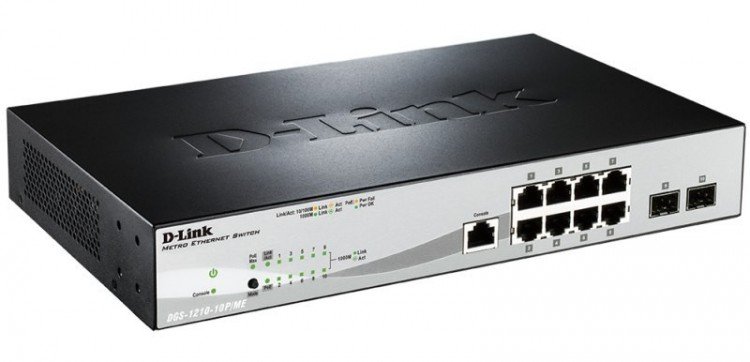 Коммутатор D-Link DGS-1210-10P/ME/B1A Управляемый 2 уровня с 8 портами 10/100/1000Base-T с поддержкой PoE и 2 портами 1000Base-X SFP